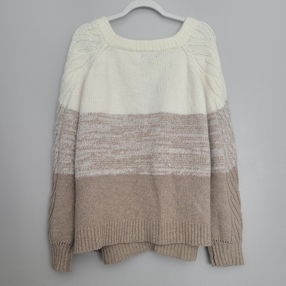 FATE Fuzzy Tan Multicolor Stripe Neutral Minimal Cozy Knit Woven Sweater XL nwt - Picture 9 of 9